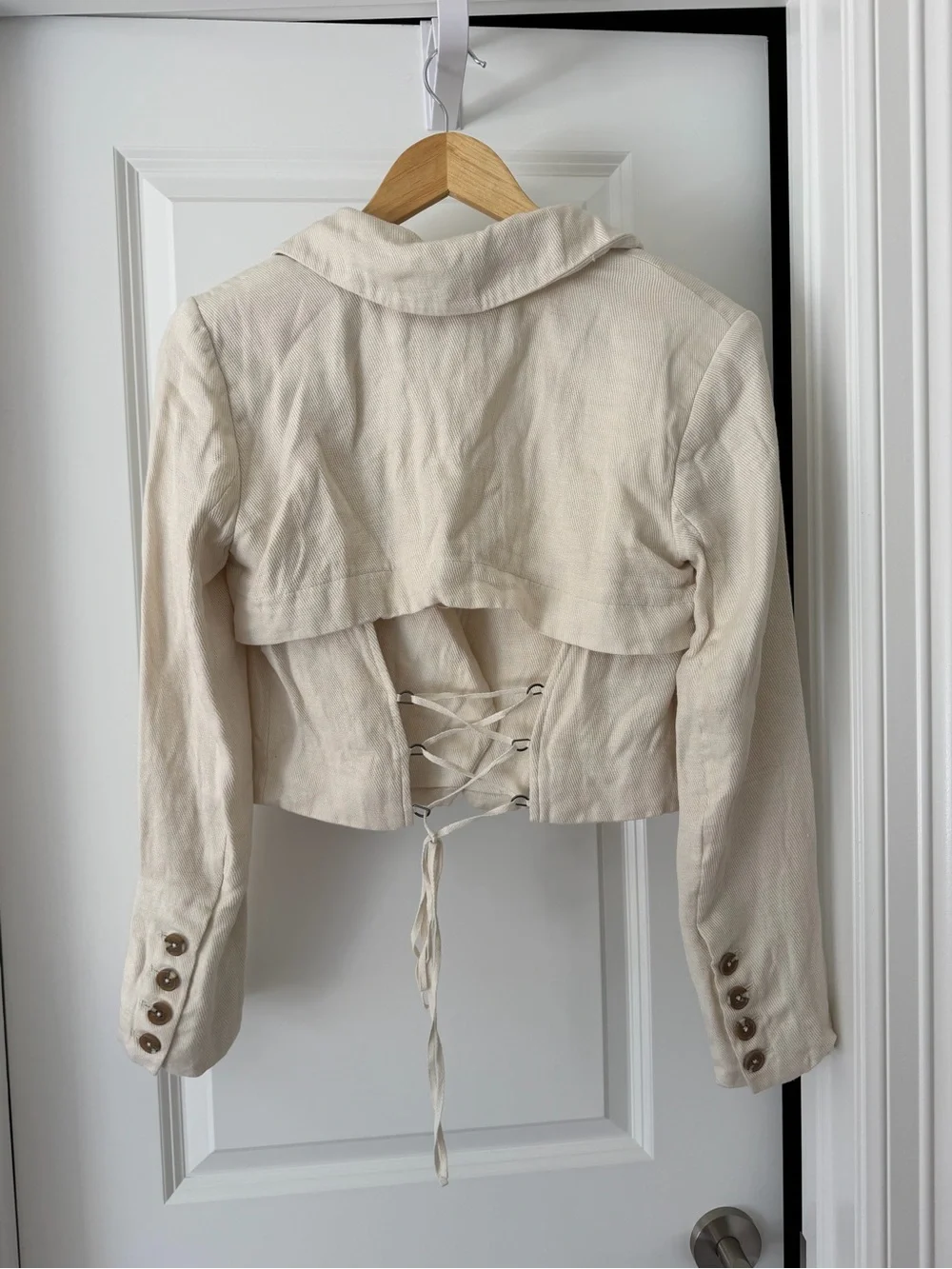 Cropped Lace-Up Got Your Back Linen Cream Jacket